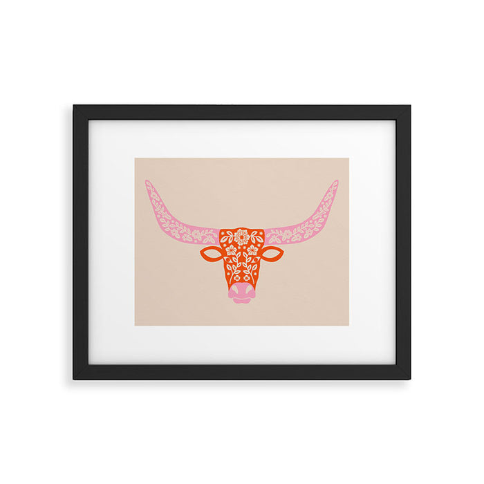 Floral Longhorn - Pink and Orange Framed Art Print Gallery Image 1