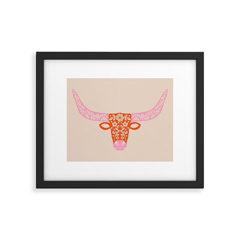 Floral Longhorn - Pink and Orange Framed Art Print Gallery Image 1