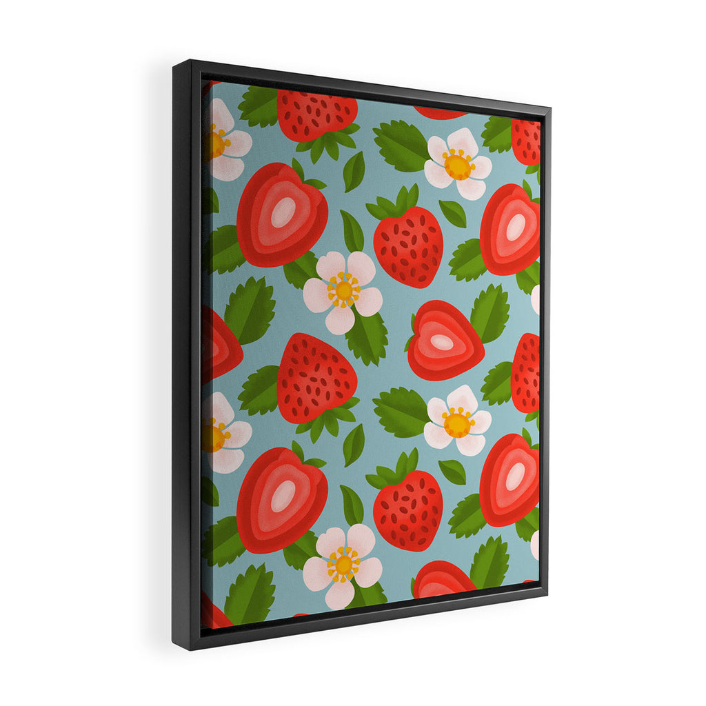 Strawberry Pattern on Sky Blue Framed Canvas Print Gallery Image 2