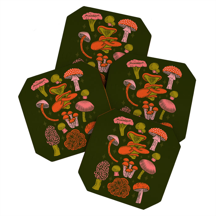 Texas Mushrooms - Bright Multicolor on Green Coaster Gallery Image 1