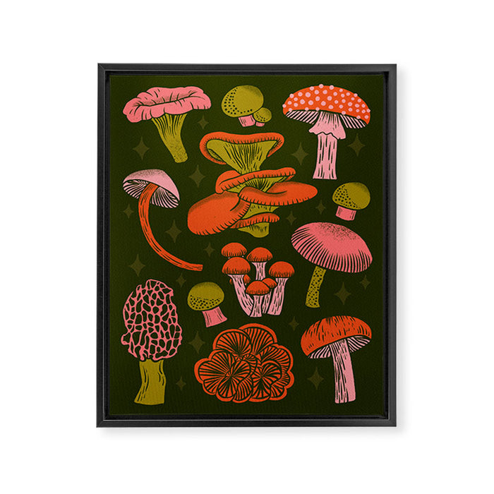 Texas Mushrooms - Bright Multicolor on Green Framed Canvas Print Gallery Image 1