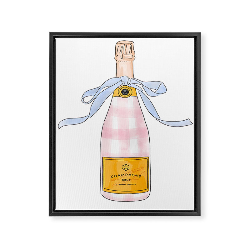 Pink Gingham Preppy Painted Champagne Bottle Framed Canvas Print