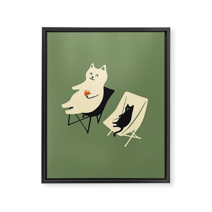 Happy go Lucky Cat 4r relax enjoy coffee on chair Framed Canvas Print Gallery Image 1