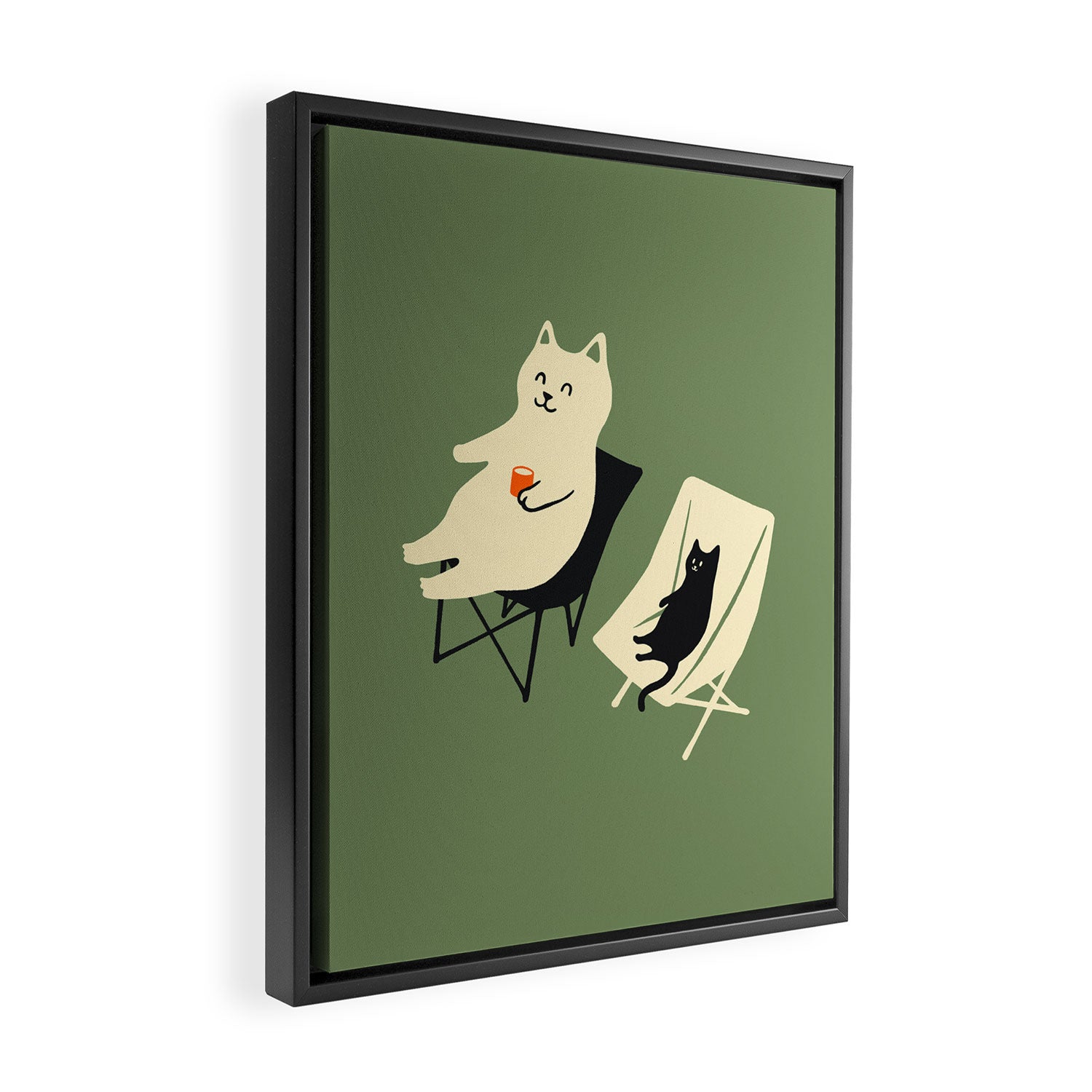 Happy go Lucky Cat 4r relax enjoy coffee on chair Framed Canvas Print Gallery Image 2
