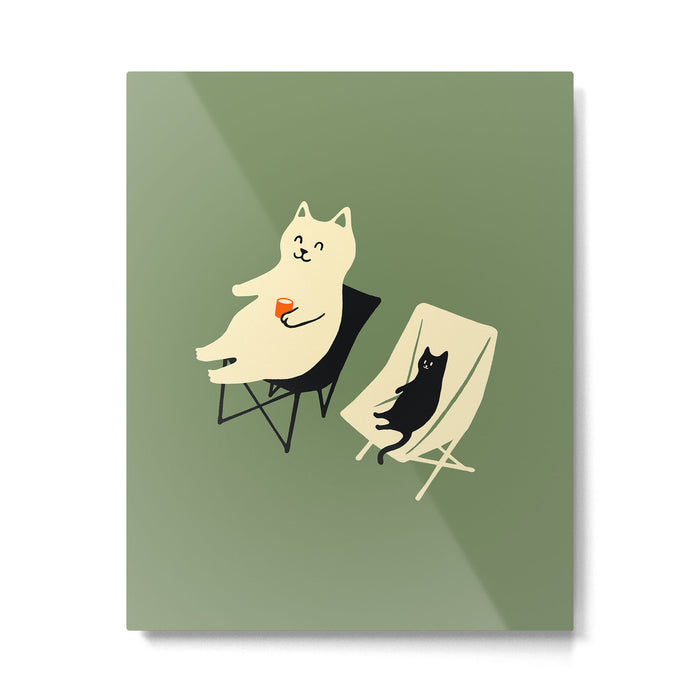Happy go Lucky Cat 4r relax enjoy coffee on chair Metal Print Gallery Image 1