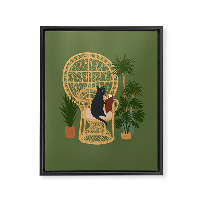 Hidden cat 51 private forest reading area rattan chair Framed Canvas Print Gallery Image 1