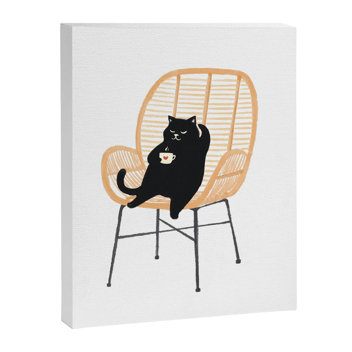 Lazy cat 2 enjoying coffee on rattan chair  Canvas Print Gallery Image 1