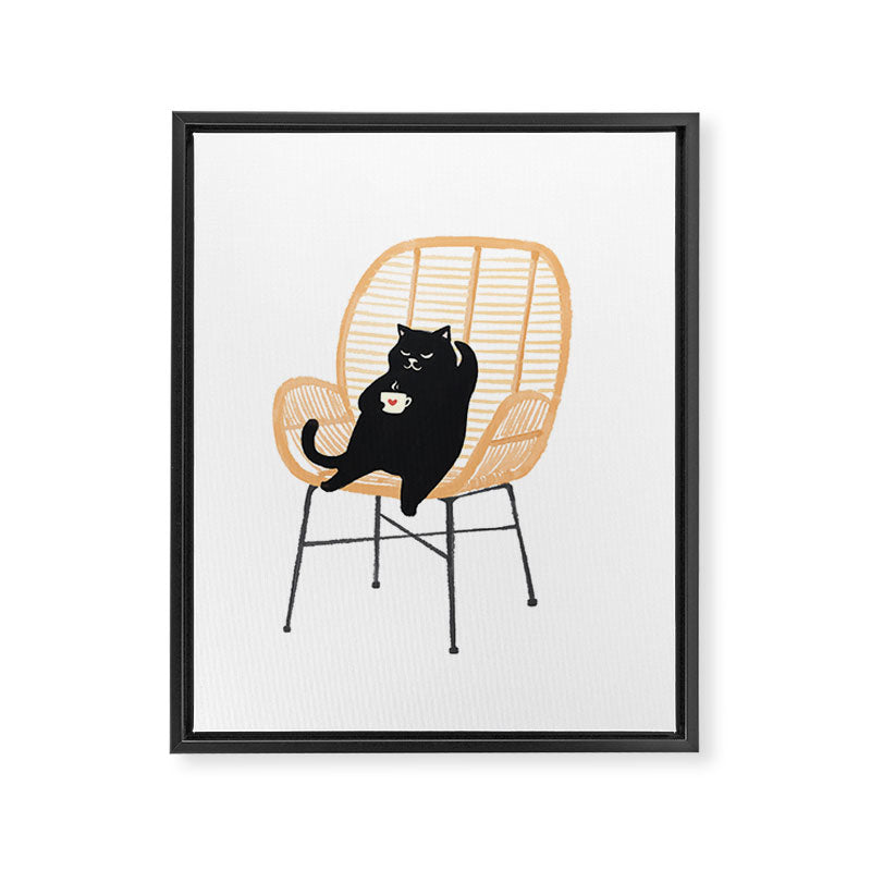 Lazy cat 2 enjoying coffee on rattan chair  Framed Canvas Print Gallery Image 8
