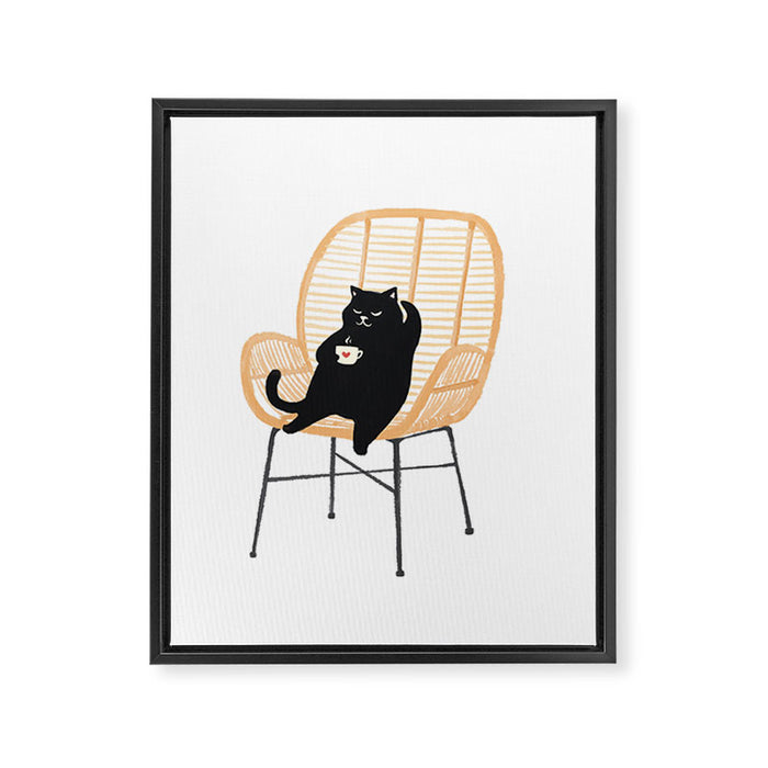 Lazy cat 2 enjoying coffee on rattan chair  Framed Canvas Print Gallery Image 1