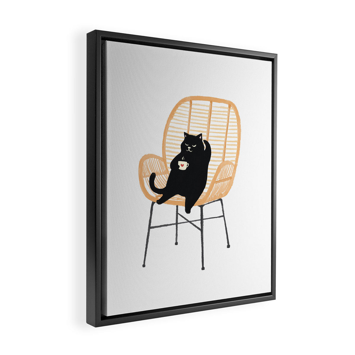 Lazy cat 2 enjoying coffee on rattan chair  Framed Canvas Print Gallery Image 2
