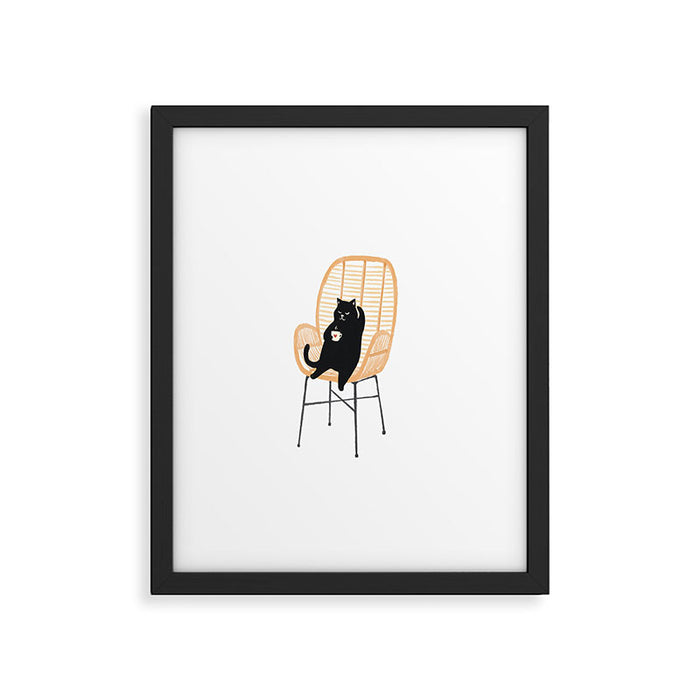 Lazy cat 2 enjoying coffee on rattan chair  Framed Art Print Gallery Image 1