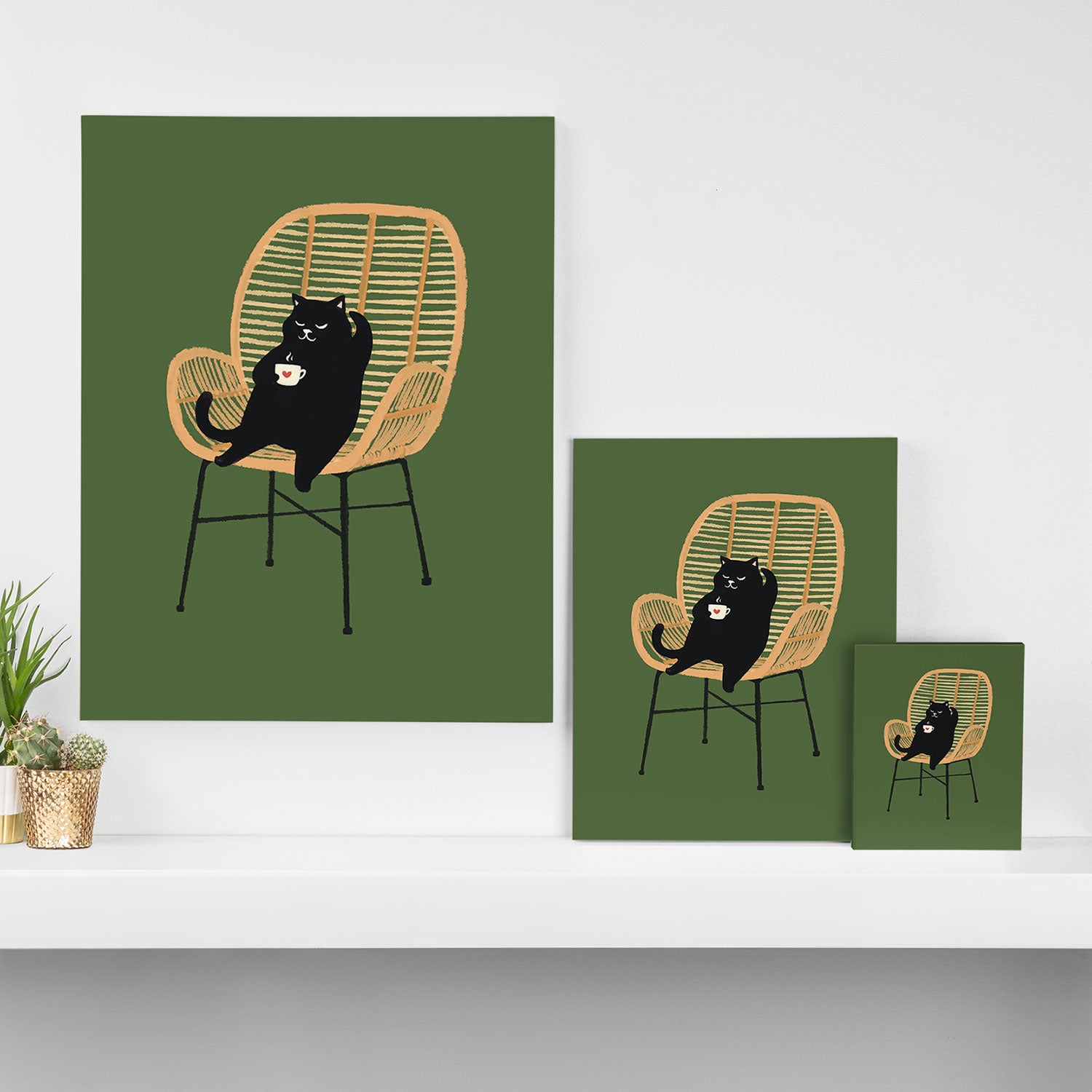 Lazy cat 2b Green enjoy coffee on rattan chair  Canvas Print Gallery Image 3