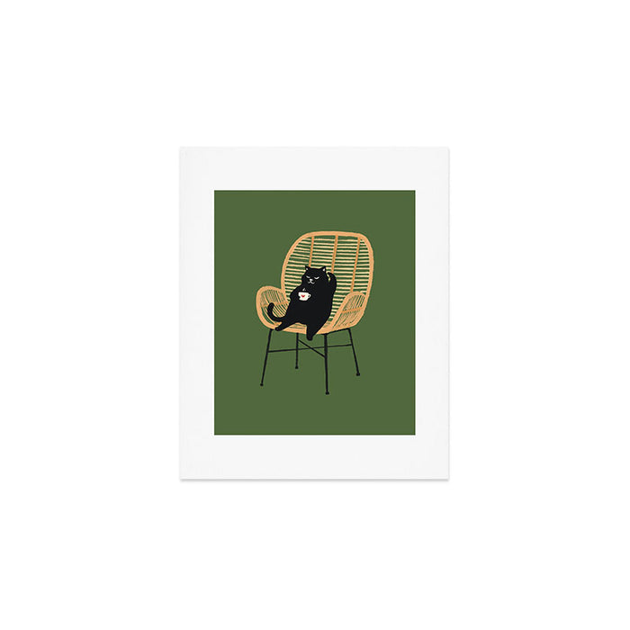 Lazy cat 2b Green enjoy coffee on rattan chair  Art Print Gallery Image 1