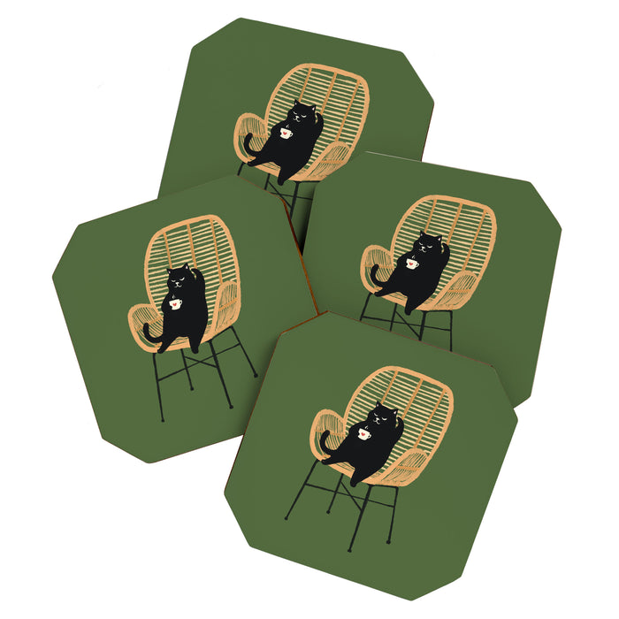Lazy cat 2b Green enjoy coffee on rattan chair  Coaster Gallery Image 1