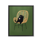 Lazy cat 2b Green enjoy coffee on rattan chair  Framed Canvas Print Gallery Image 3