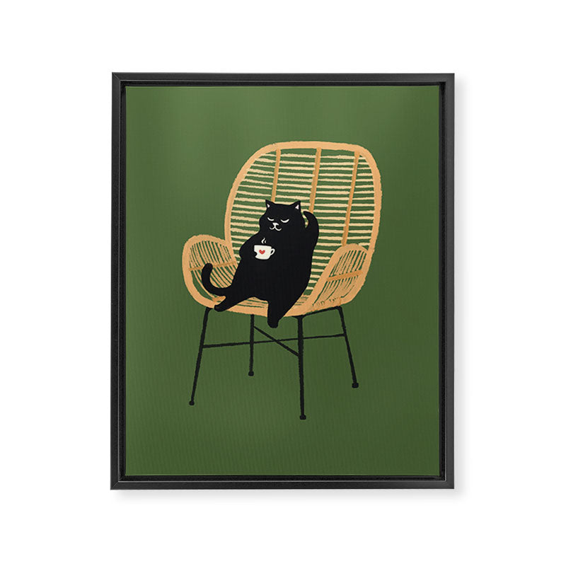Lazy cat 2b Green enjoy coffee on rattan chair  Framed Canvas Print Gallery Image 3