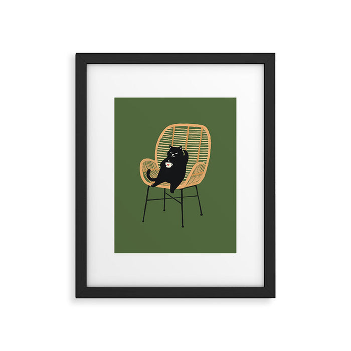 Lazy cat 2b Green enjoy coffee on rattan chair  Framed Art Print Gallery Image 1
