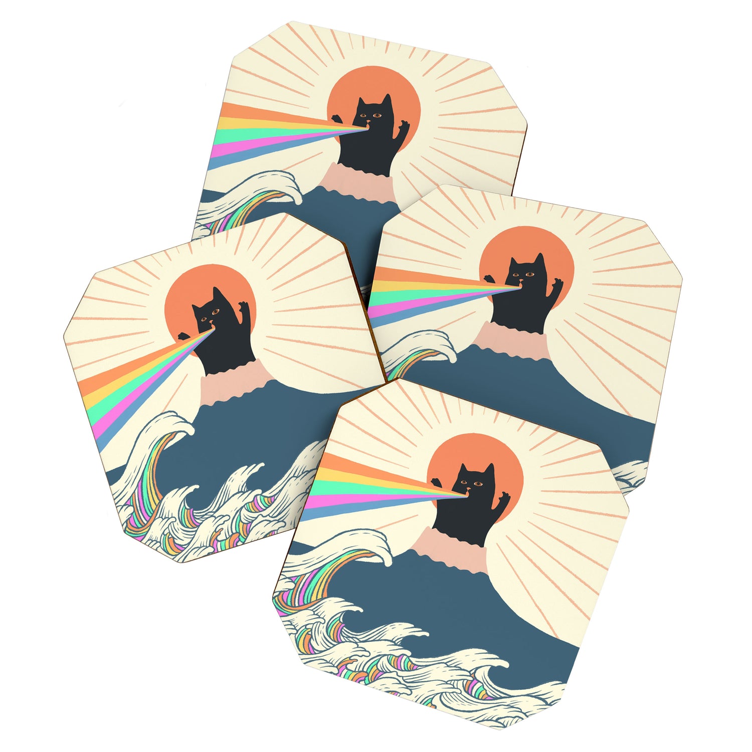 Meowtain cat 5 rainbow wave catzilla  Coaster Gallery Image 1