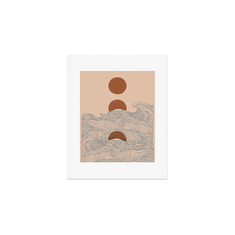 Vintage abstract landscape the great wave ocean sunset moon Art Print Gallery Image 1