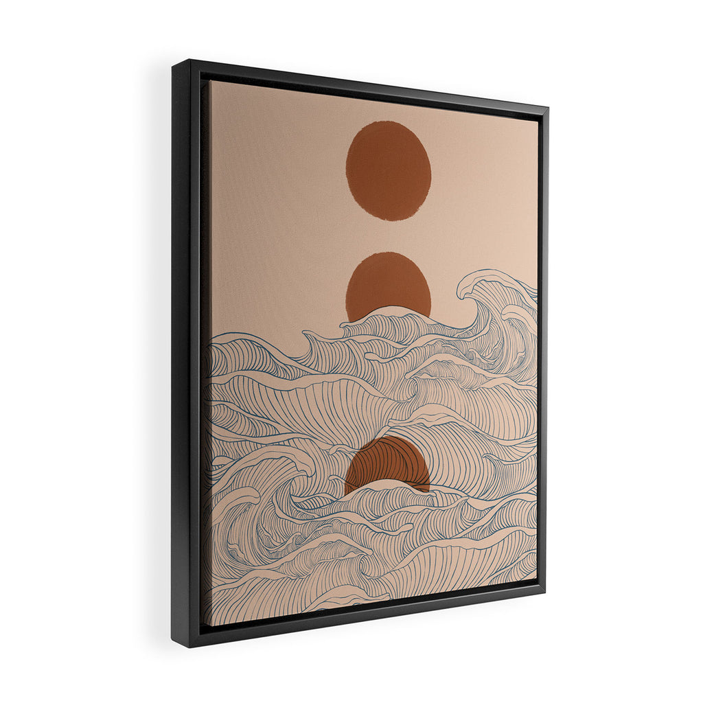 Vintage abstract landscape the great wave ocean sunset moon Framed Canvas Print Gallery Image 2