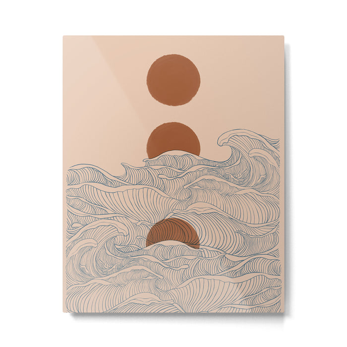 Vintage abstract landscape the great wave ocean sunset moon Metal Print Gallery Image 1