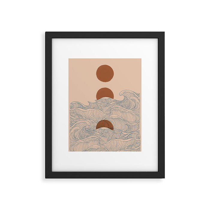 Vintage abstract landscape the great wave ocean sunset moon Framed Art Print Gallery Image 1
