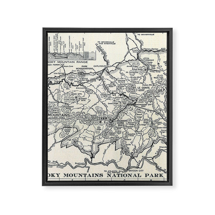 Historical Great Smoky Mountain National Park Map 1941 Framed Canvas Print Gallery Image 1