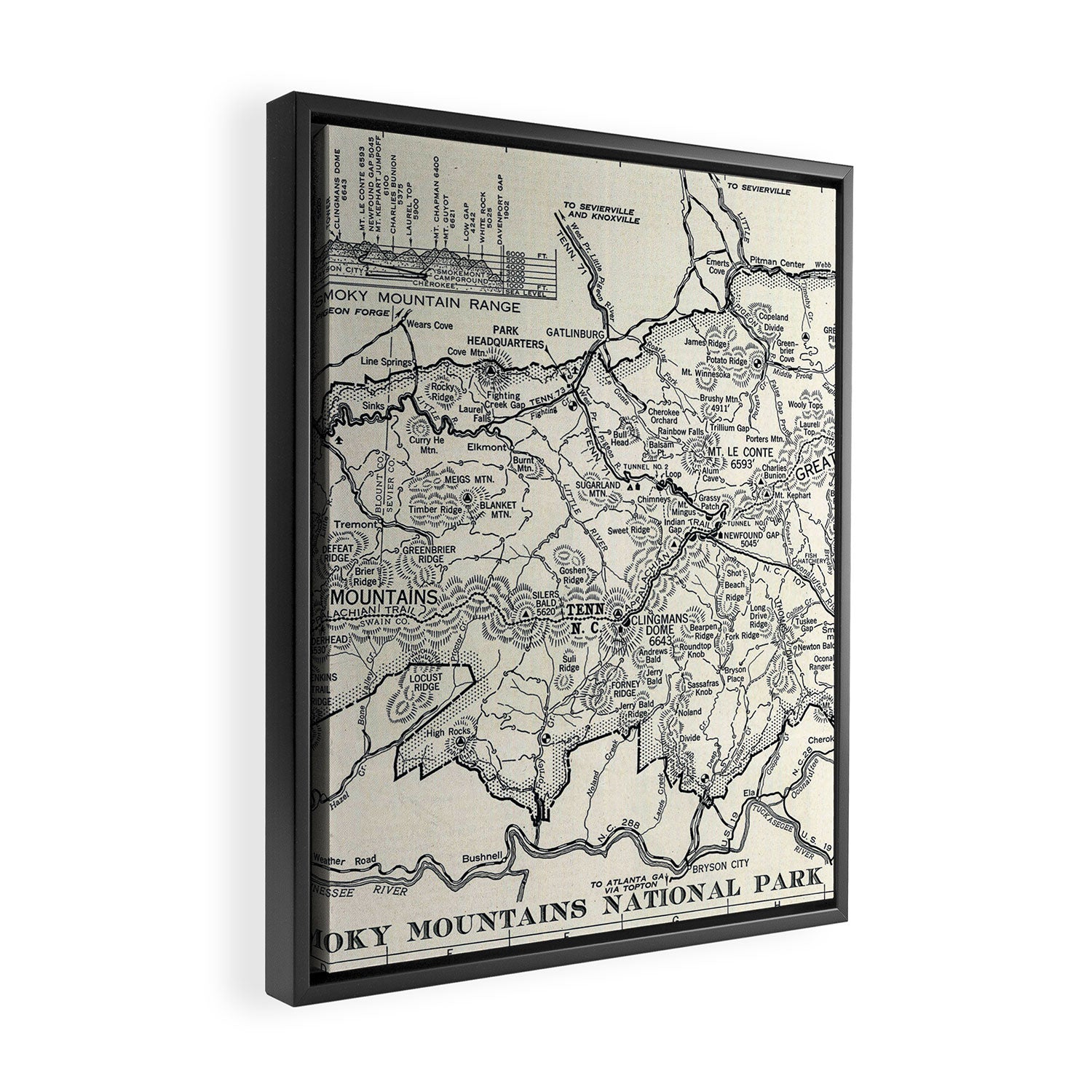 Historical Great Smoky Mountain National Park Map 1941 Framed Canvas Print Gallery Image 2