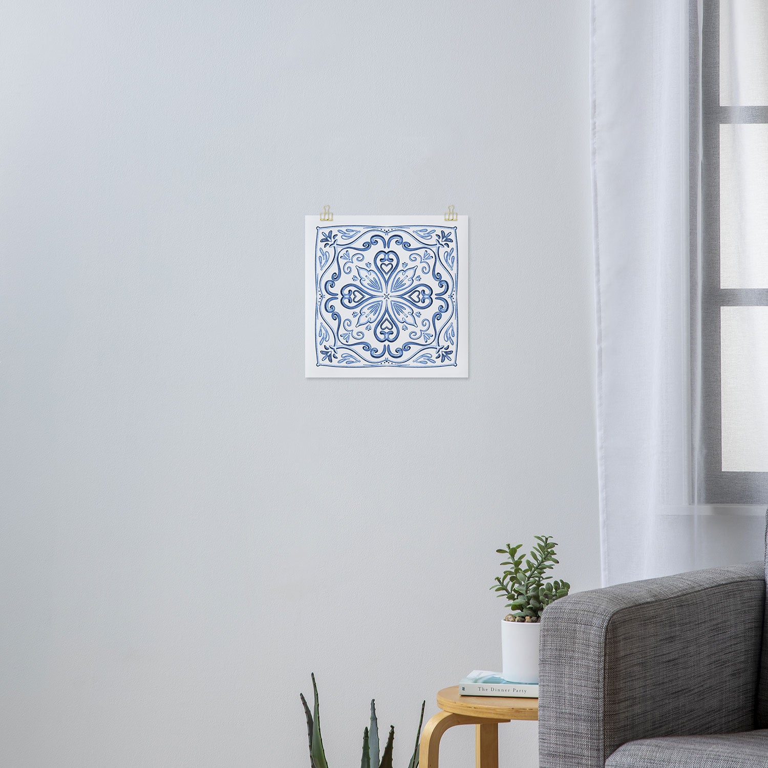 Blue and White Elegant Tiled Pattern Art Print Gallery Image 3