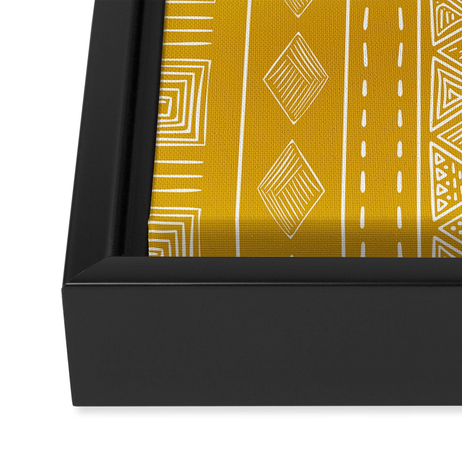 Mustard Yellow Tribal Ethnic Pattern | Sun Illustration | Vertical Stripes Framed Canvas Print Gallery Image 3