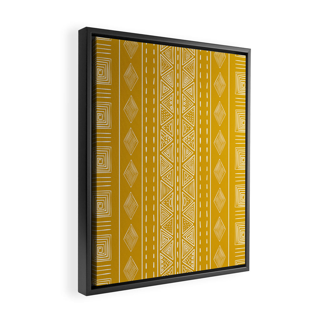 Mustard Yellow Tribal Ethnic Pattern | Sun Illustration | Vertical Stripes Framed Canvas Print Gallery Image 2
