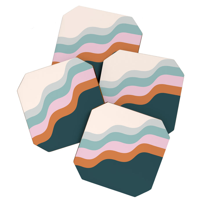 Abstract Diagonal Waves in Teal, Terracotta, and Pink Coaster Gallery Image 1