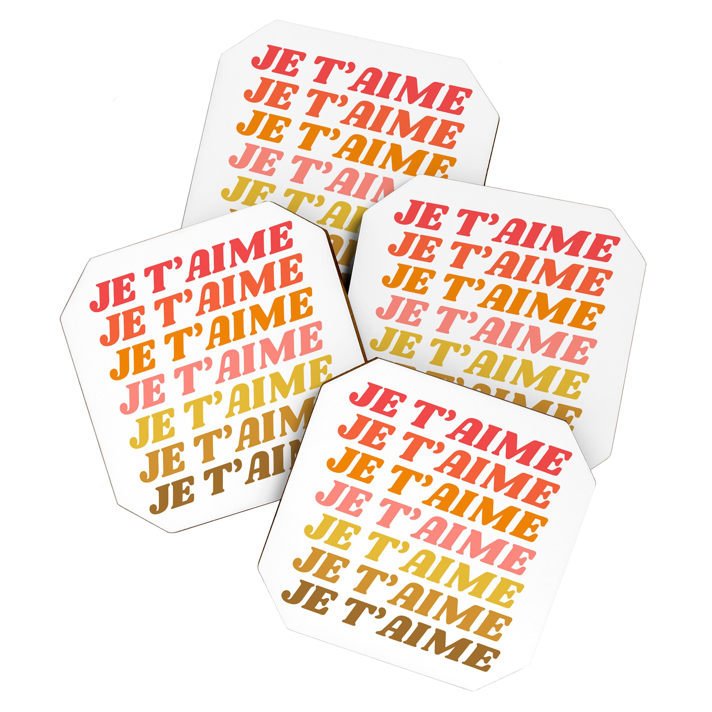 Je T'aime - French for I Love You in Warm Red, Orange, and Yellow Colors Coaster Gallery Image 1