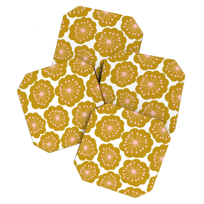Mid Century Mod Flowers in Pink and Mustard Coaster Gallery Image 1