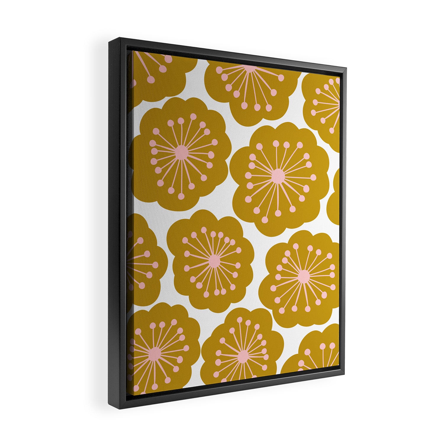 Mid Century Mod Flowers in Pink and Mustard Framed Canvas Print Gallery Image 2