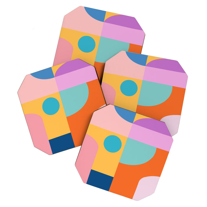 Playful Color Block Shapes in Bright Shades of Orange, Blue, Yellow, and Pink Coaster Gallery Image 1