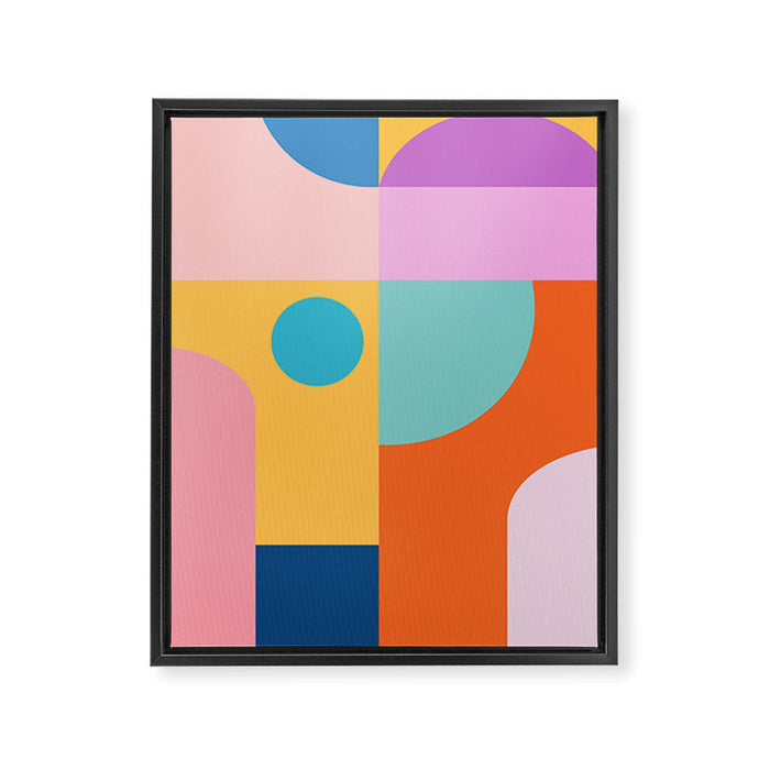 Playful Color Block Shapes in Bright Shades of Orange, Blue, Yellow, and Pink Framed Canvas Print Gallery Image 1