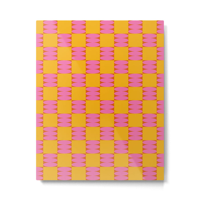 Retro Pink and Yellow Checkerboard Shapes Metal Print Gallery Image 1