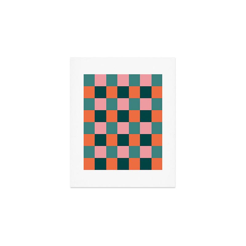 Retro Teal Green and Orange Checkerboard Art Print Gallery Image 1