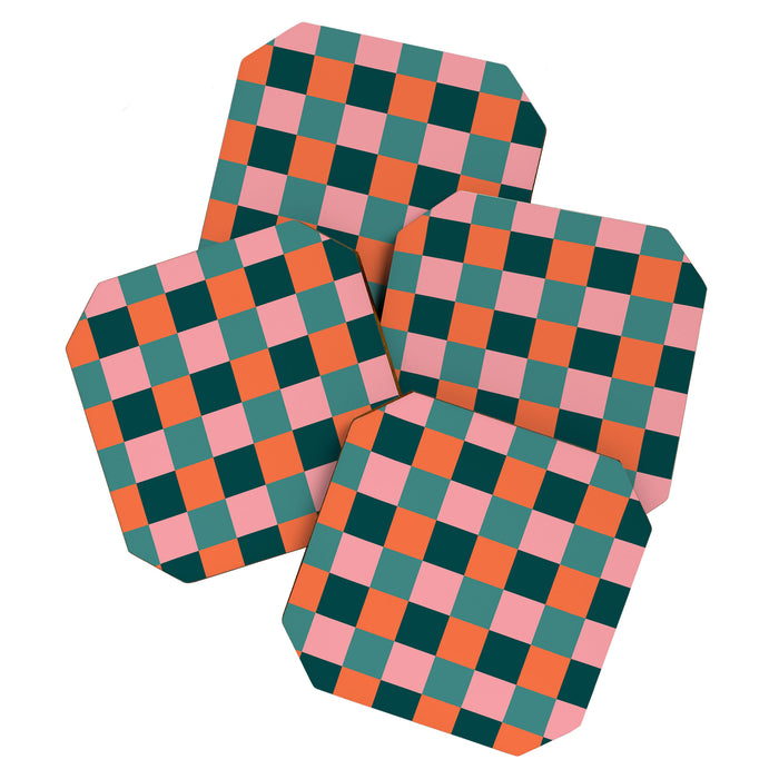 Retro Teal Green and Orange Checkerboard Coaster Gallery Image 1