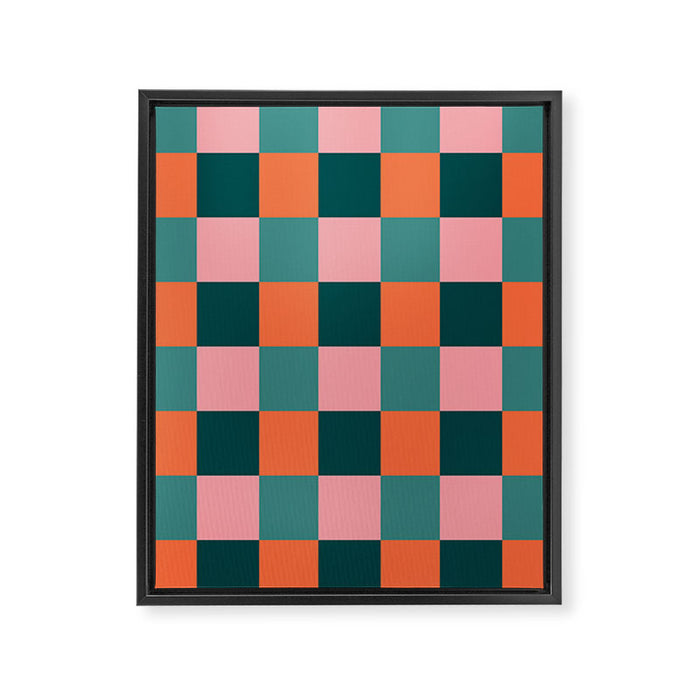 Retro Teal Green and Orange Checkerboard Framed Canvas Print Gallery Image 1