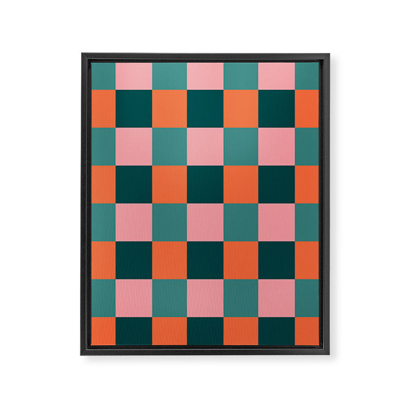 Retro Teal Green and Orange Checkerboard Framed Canvas Print Gallery Image 8