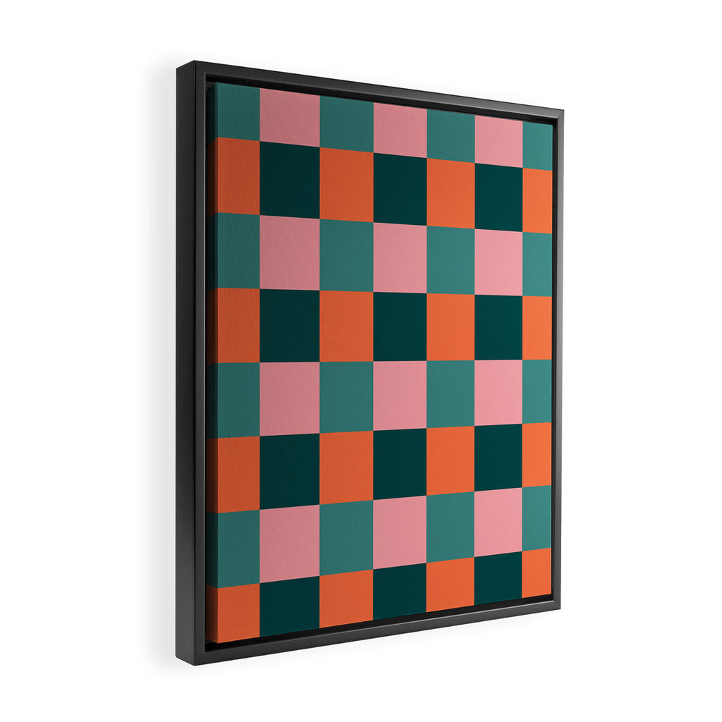 Retro Teal Green and Orange Checkerboard Framed Canvas Print Gallery Image 2