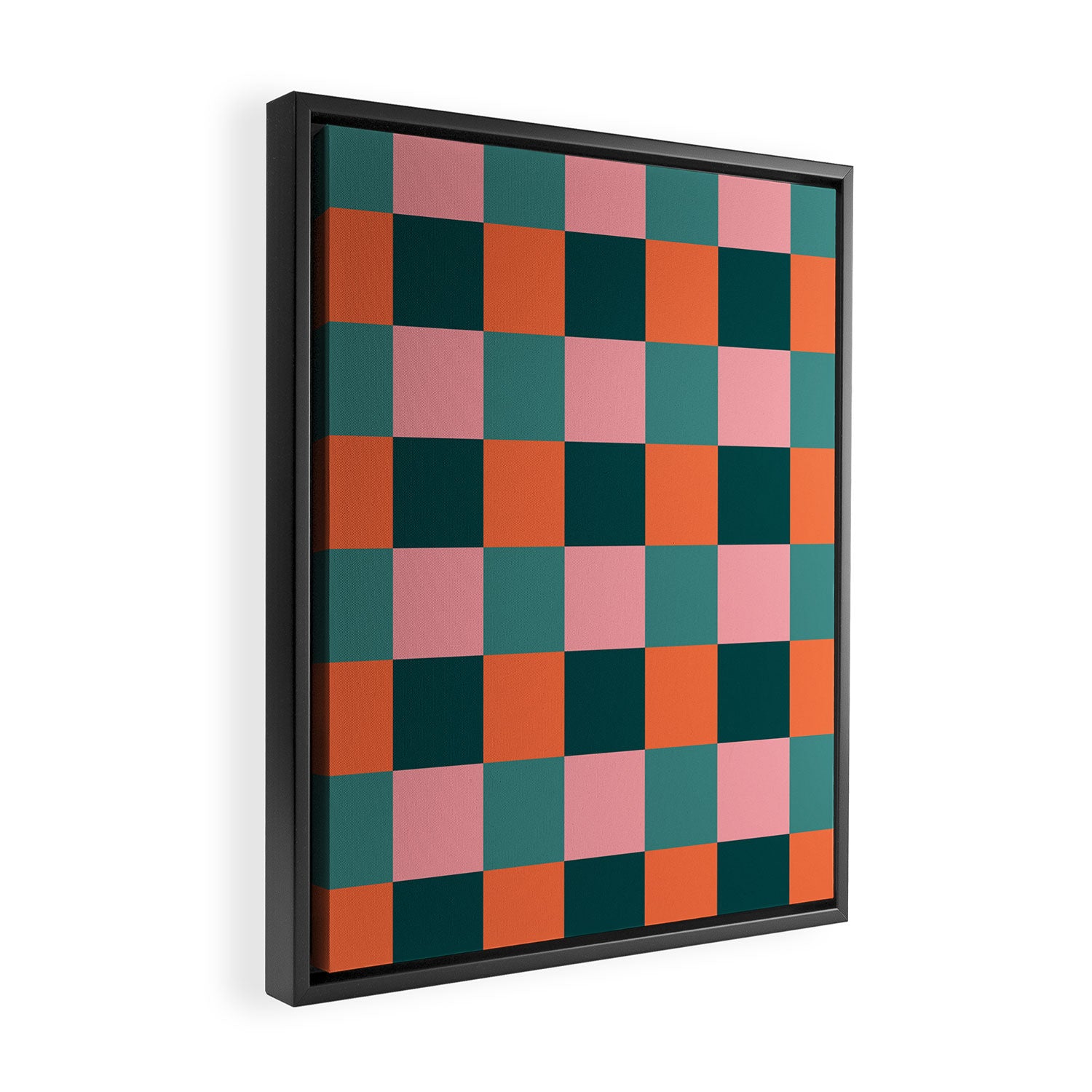 Retro Teal Green and Orange Checkerboard Framed Canvas Print Gallery Image 2
