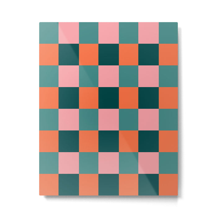 Retro Teal Green and Orange Checkerboard Metal Print Gallery Image 1