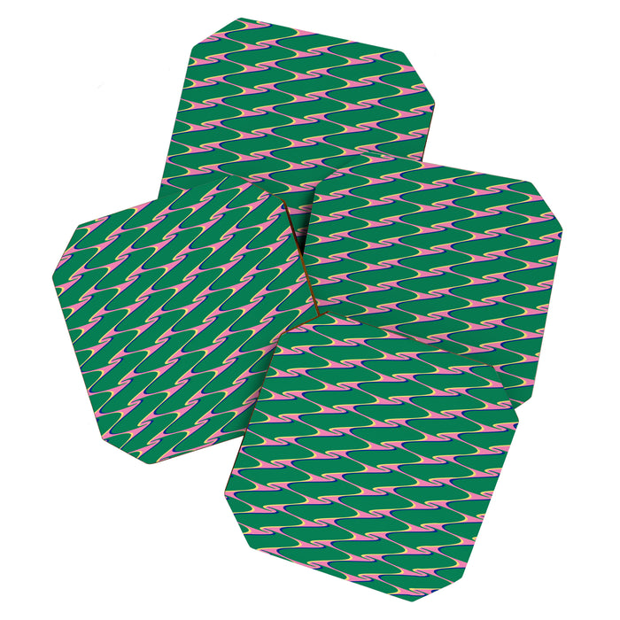 Retro Wavy Geometric Pink Green Zigzag Abstract Pattern Coaster Gallery Image 1