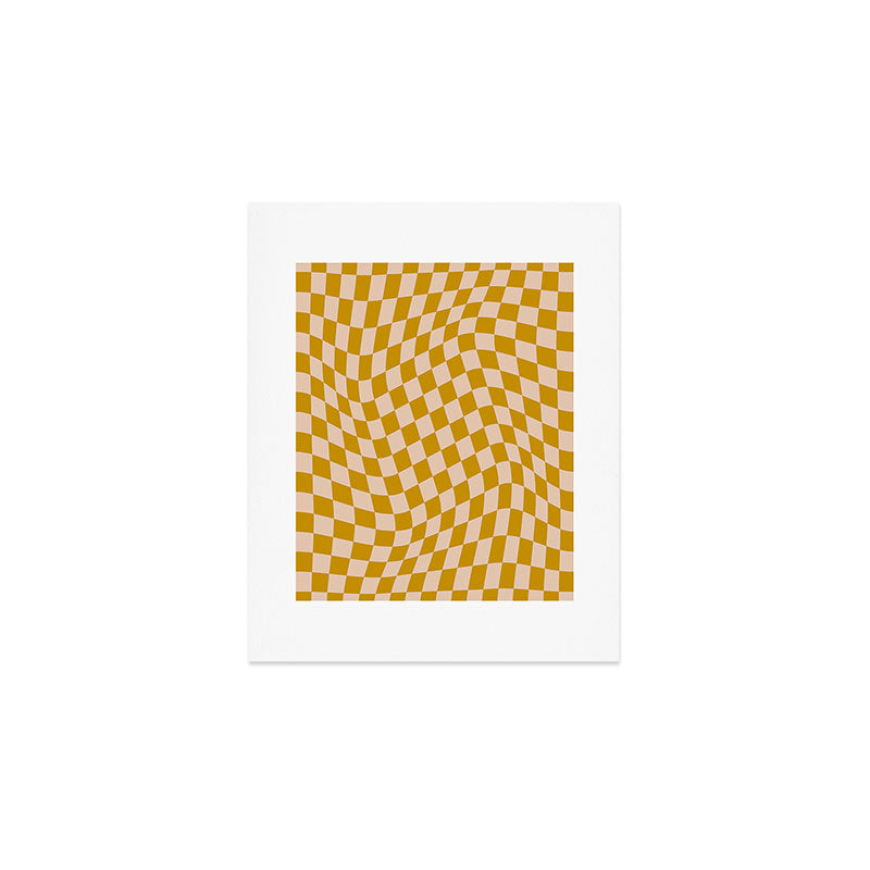 Retro Wavy Optical Illusion Checkerboard Pattern in Mustard Yellow and Cream Art Print Gallery Image 1