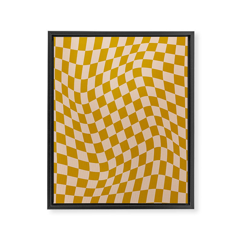 Retro Wavy Optical Illusion Checkerboard Pattern in Mustard Yellow and Cream Framed Canvas Print Gallery Image 6