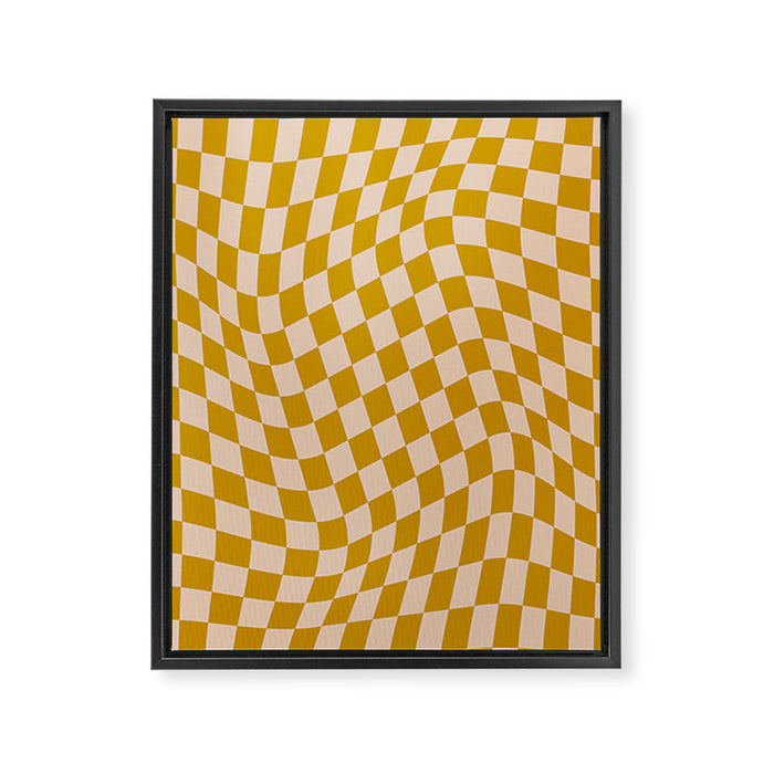 Retro Wavy Optical Illusion Checkerboard Pattern in Mustard Yellow and Cream Framed Canvas Print Gallery Image 1
