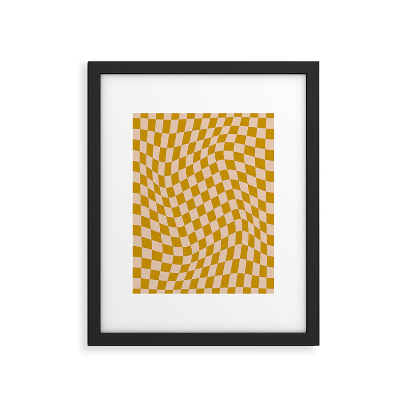 Retro Wavy Optical Illusion Checkerboard Pattern in Mustard Yellow and Cream Framed Art Print Gallery Image 5